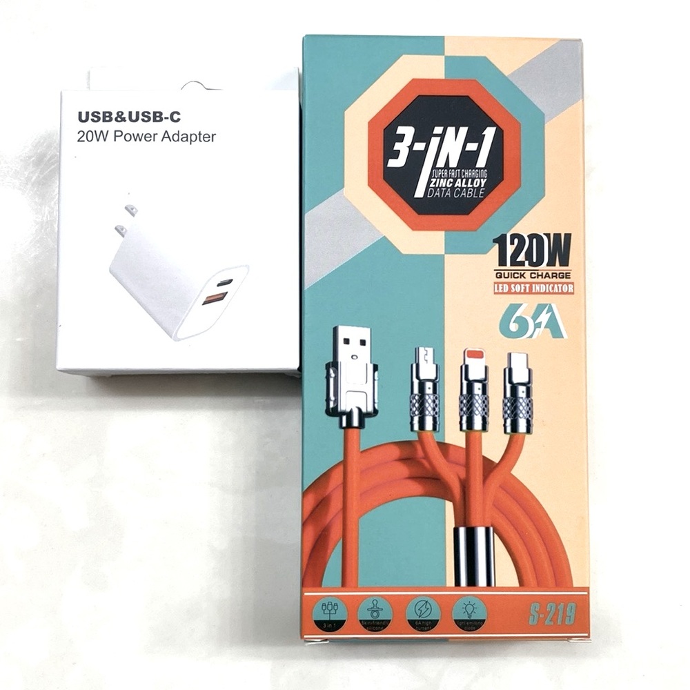 BUNDLE 1pc 3-In-1 Charging Cable Compatible & 20W USB & USB-C Power Adapter, NEW